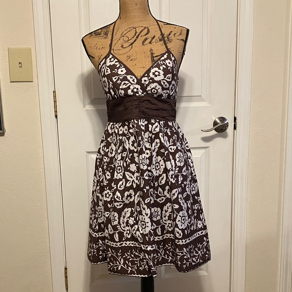 Vintage Y2K Speechless cotton brown white floral print halter flared tied dress